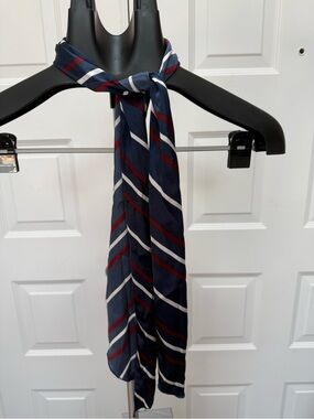 Striped Navy Silk-Feel Scarf with Red & White Accents